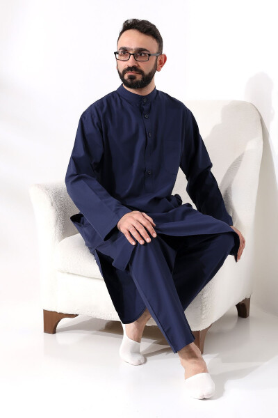 Male Hajj and Umrah Suit Two-Piece Afghan Set Navy Blue - 4