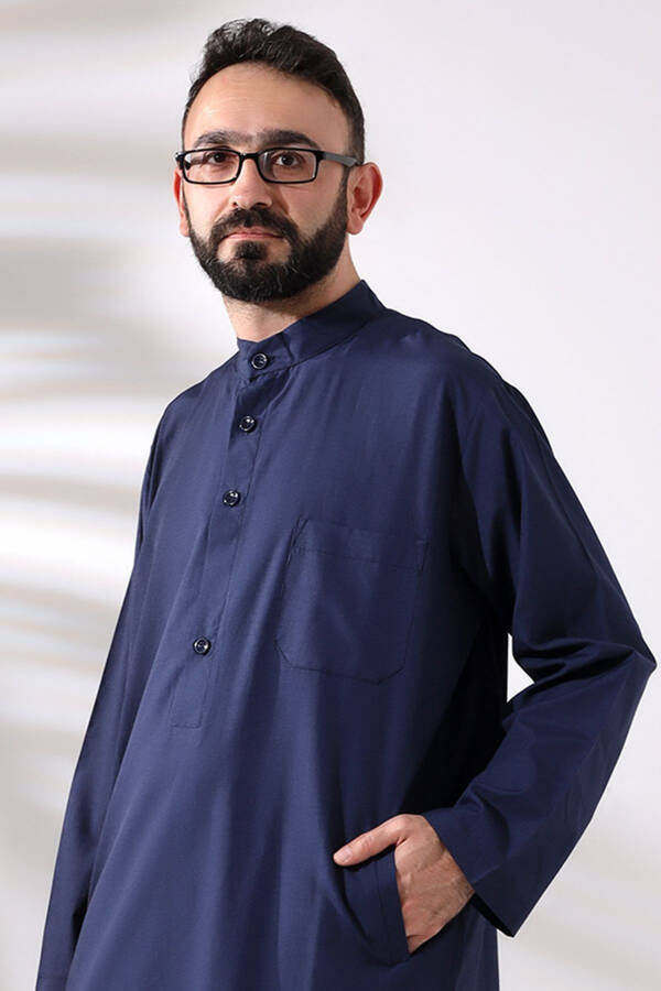 Male Hajj and Umrah Suit Two-Piece Afghan Set Navy Blue - 5