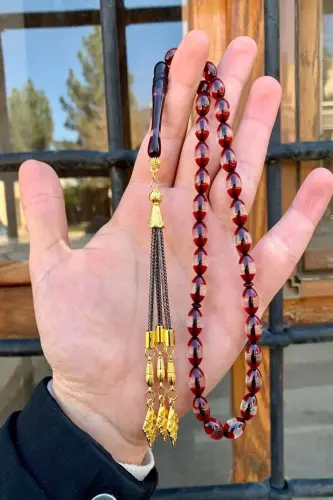 Male Red Tasseled Dust Amber Rosary-Red White 