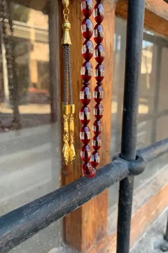 Male Red Tasseled Dust Amber Rosary-Red White - 3