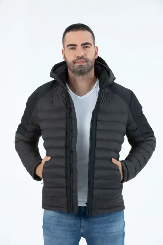 MALE SHORT DETACHABLE HOODED PADDED WATER-REPELLENT CLASSIC PUFFER JACKET 9710-anthracite - 1
