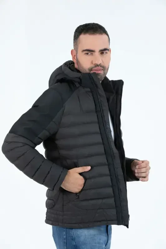 MALE SHORT DETACHABLE HOODED PADDED WATER-REPELLENT CLASSIC PUFFER JACKET 9710-anthracite - 2