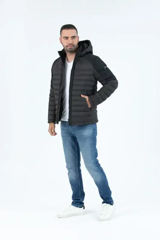 MALE SHORT DETACHABLE HOODED PADDED WATER-REPELLENT CLASSIC PUFFER JACKET 9710-anthracite - 8
