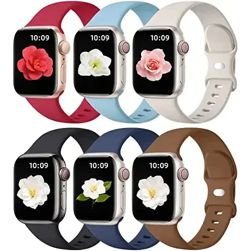 Maledan 6 Pack Bands Apple Watch Band 38mm 40mm 41mm 42mm 44mm 45mm 46mm 49mm ayollar erkaklar uchun mos, iWatch Apple Watch Series 11 10 9 8 7 6 5 4 3 2 1 SE Ultra uchun yumshoq silikon sport bilaguzuk tasmasi - MALEDAN