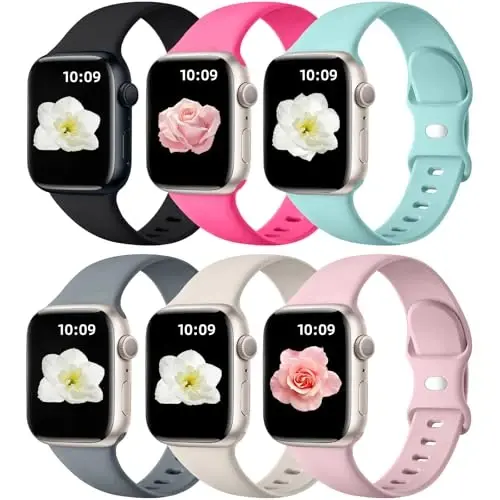 Maledan 6 Pack Bands Apple Watch Band 38mm 40mm 41mm 42mm 44mm 45mm 46mm 49mm ayollar erkaklar uchun mos, iWatch Apple Watch Series 11 10 9 8 7 6 5 4 3 2 1 SE Ultra uchun yumshoq silikon sport bilaguzuk tasmasi - MALEDAN
