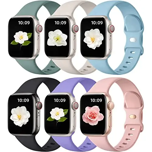 Maledan 6 Pack Bands Apple Watch Band 38mm 40mm 41mm 42mm 44mm 45mm 46mm 49mm Women Men uchun mos, iWatch Apple Watch Series 11 10 9 8 7 6 5 4 3 2 1 SE Ultra uchun yumshoq silikon sport bandi 