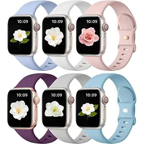 Maledan 6 Pack Bands Apple Watch Band 38mm 40mm 41mm 42mm 44mm 45mm 46mm 49mm Women Men uchun mos, iWatch Apple Watch Series 11 10 9 8 7 6 5 4 3 2 1 SE Ultra uchun yumshoq silikon sport bilaguzuk - MALEDAN