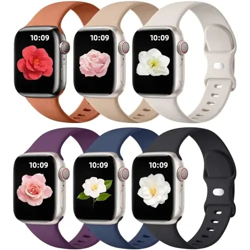 Maledan 6 Pack Bands Apple Watch Band 38mm 40mm 41mm 42mm 44mm 45mm 46mm 49mm Women Men uchun mos, iWatch Apple Watch Series 11 10 9 8 7 6 5 4 3 2 1 SE Ultra uchun yumshoq silikon sport bilaguzuk 
