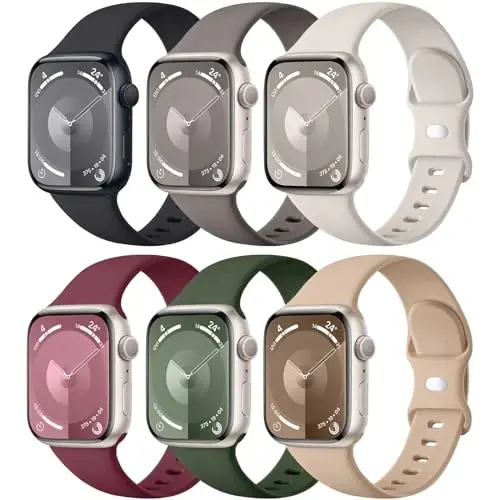 Maledan 6 Pack Bands Apple Watch Band 38mm 40mm 41mm 42mm 44mm 45mm 46mm 49mm Women Men uchun mos keladi, iWatch Apple Watch Series 11 10 9 8 7 6 5 4 3 2 1 SE Ultra uchun yumshoq silikon sport bandi - 1