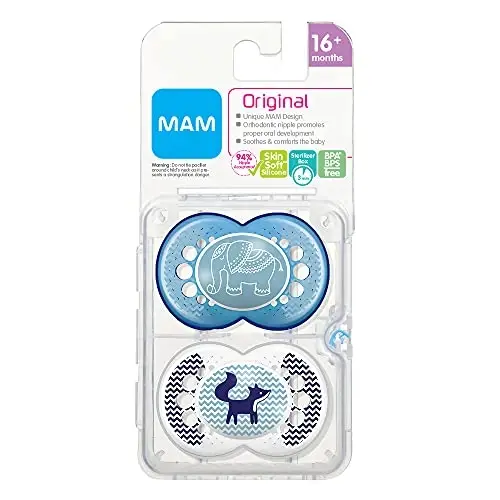 MAM Original Baby Pacifier, Nipple Shape Helps Promote Healthy Oral Development, Sterilizer Case, 2 Pack, 16+ Months, Animal/Boy - MAM (1)