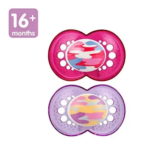 MAM Original Baby Pacifier, Nipple Shape Helps Promote Healthy Oral Development, Sterilizer Case, 2 Pack, 16+ Months, Camo/Girl - MAM (1)