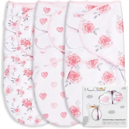 Mama Cheetah Baby Swaddle Sack, Organic Swaddle Blanket, Newborn Swaddling Sleep Sack, Adjustable Infant Swaddle Wrap, Easy Swaddles Girl 0-3 Month, Baby Essentials, 3-Pack - 1