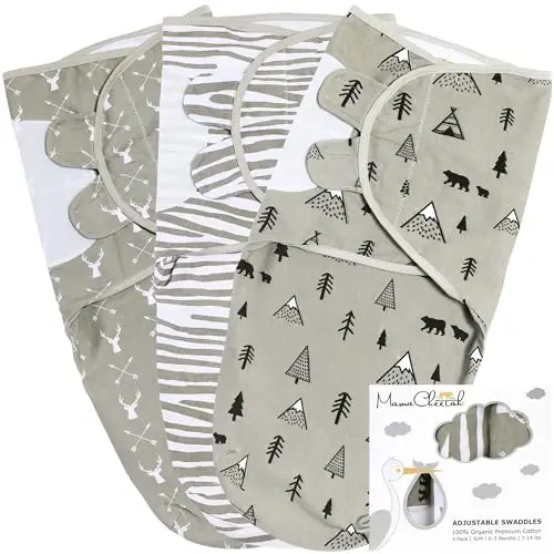 Mama Cheetah Organic Baby Swaddle Blankets 3 Pack, Easy to Use Adjustable Swaddling Swaddles for 0-3 Months Boy Girl Newborn Essentials, Grey 