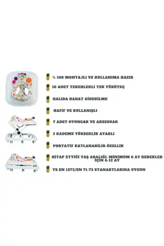 Mama Tablalı Bebek Yürüteci Müzikli Ve Işıklı 10 Teker Yürüteç-GRİ - 4