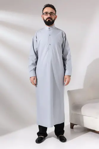 Man Gray Poplar Hajj and Umrah Outfit Long Drape Dagron Fabric Dress 