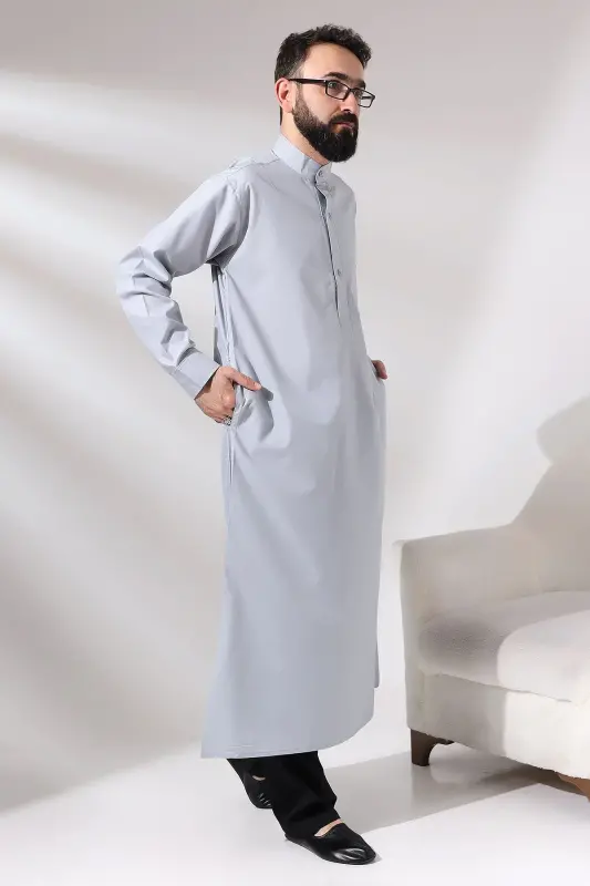 Man Gray Poplar Hajj and Umrah Outfit Long Drape Dagron Fabric Dress - 5