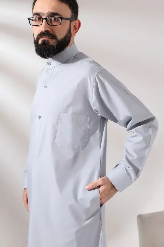 Man Gray Poplar Hajj and Umrah Outfit Long Drape Dagron Fabric Dress - 6