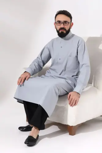 Man Gray Poplar Hajj and Umrah Outfit Long Drape Dagron Fabric Dress - 7
