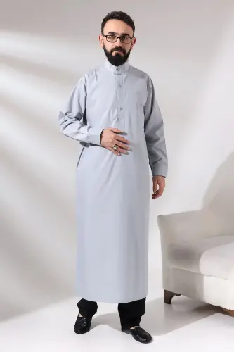 Man Gray Poplar Hajj and Umrah Outfit Long Drape Dagron Fabric Dress - IHVAN ONLINE (1)