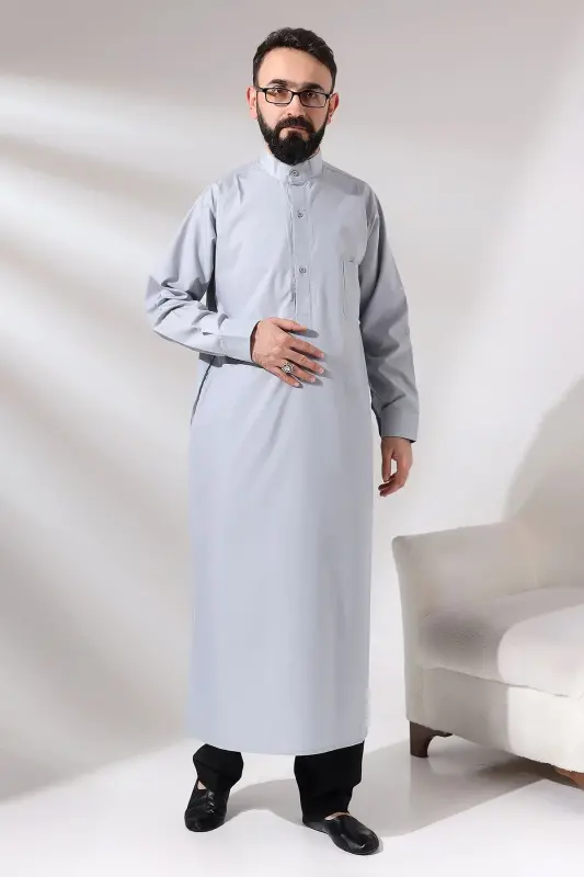 Man Gray Poplar Hajj and Umrah Outfit Long Drape Dagron Fabric Dress - 2