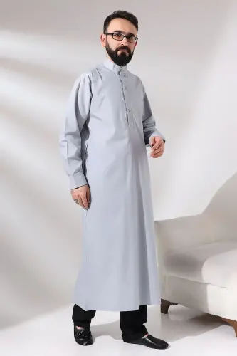 Man Gray Poplar Hajj and Umrah Outfit Long Drape Dagron Fabric Dress - 3