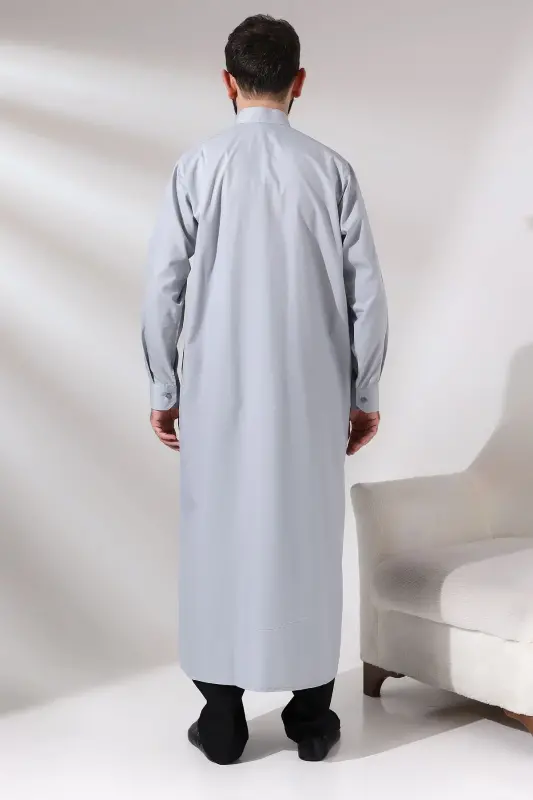 Man Gray Poplar Hajj and Umrah Outfit Long Drape Dagron Fabric Dress - 4