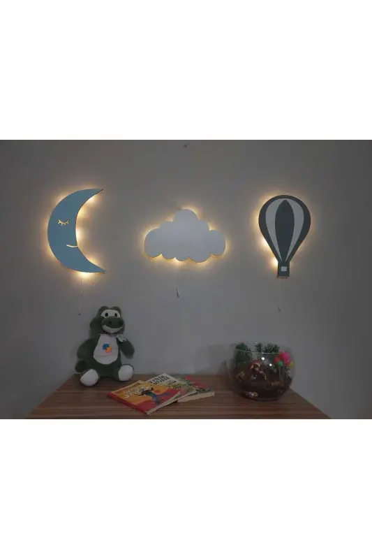 Man in the Moon Balloon and Cloud String Night Light Baby Kids Room Decorative Lighting - Blue White - 1