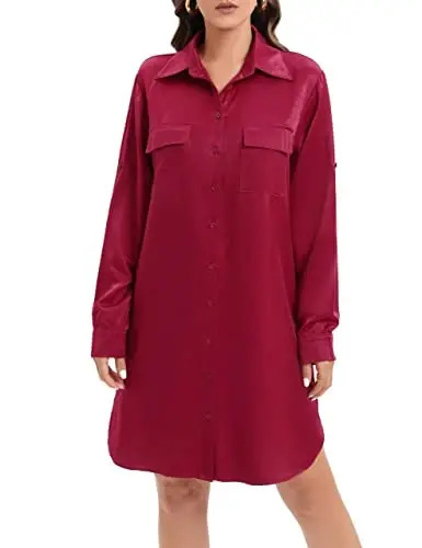 MANAIXUAN Women's Shirt Dress V Neck Long Sleeve Loose Casual with Pockets Front Button 