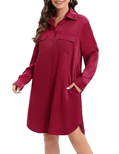 MANAIXUAN Women's Shirt Dress V Neck Long Sleeve Loose Casual with Pockets Front Button - 3