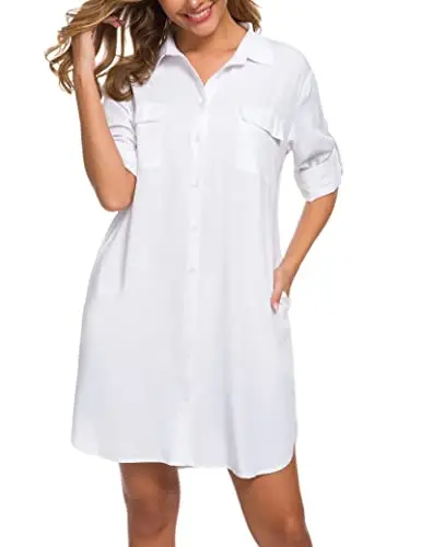 MANAIXUAN Women's Shirt Dress V Neck Long Sleeve Loose Casual with Pockets Front Button - MANAIXUAN (1)