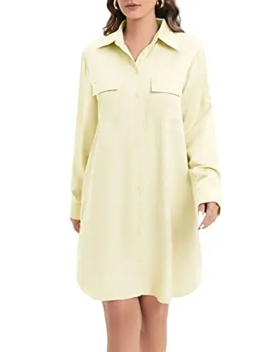 MANAIXUAN Women's Shirt Dress V Neck Long Sleeve Loose Casual with Pockets Front Button - 1