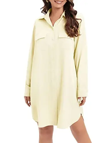 MANAIXUAN Women's Shirt Dress V Neck Long Sleeve Loose Casual with Pockets Front Button - MANAIXUAN (1)