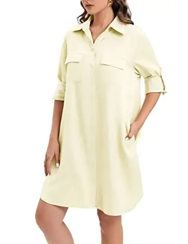 MANAIXUAN Women's Shirt Dress V Neck Long Sleeve Loose Casual with Pockets Front Button - 3