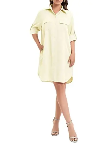 MANAIXUAN Women's Shirt Dress V Neck Long Sleeve Loose Casual with Pockets Front Button - 4