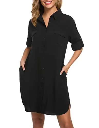 MANAIXUAN Women's Shirt Dress V Neck Long Sleeve Loose Casual with Pockets Front Button 