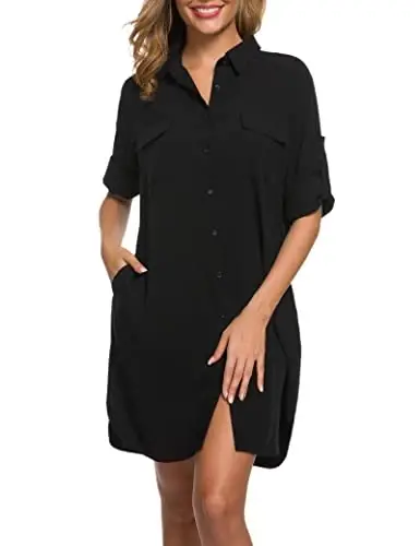 MANAIXUAN Women's Shirt Dress V Neck Long Sleeve Loose Casual with Pockets Front Button - MANAIXUAN (1)