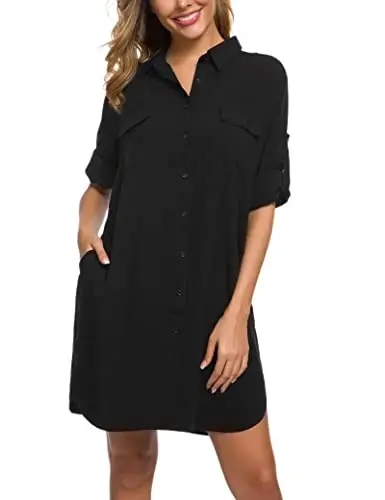 MANAIXUAN Women's Shirt Dress V Neck Long Sleeve Loose Casual with Pockets Front Button - 3