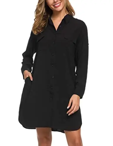 MANAIXUAN Women's Shirt Dress V Neck Long Sleeve Loose Casual with Pockets Front Button - 4