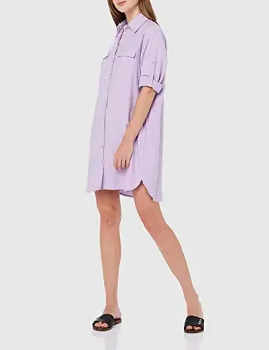 MANAIXUAN Women's Shirt Dress V Neck Long Sleeve Loose Casual with Pockets Front Button - 2
