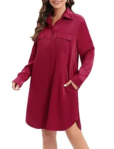 MANAIXUAN Women's Shirt Dress V Neck Long Sleeve Loose Casual with Pockets Front Button - 3