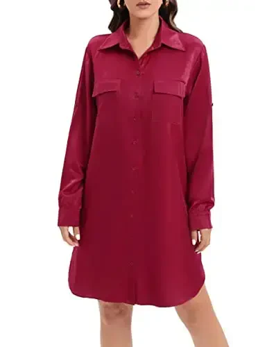 MANAIXUAN Women's Shirt Dress V Neck Long Sleeve Loose Casual with Pockets Front Button - 1