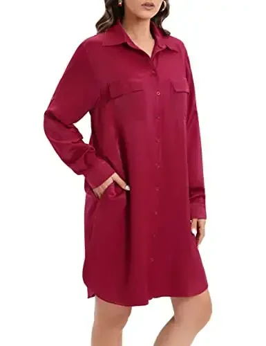 MANAIXUAN Women's Shirt Dress V Neck Long Sleeve Loose Casual with Pockets Front Button - 2