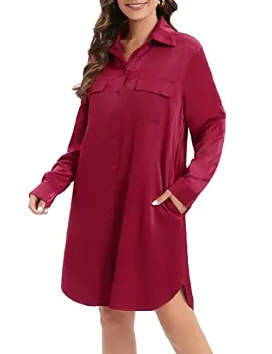 MANAIXUAN Women's Shirt Dress V Neck Long Sleeve Loose Casual with Pockets Front Button - 3