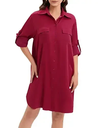 MANAIXUAN Women's Shirt Dress V Neck Long Sleeve Loose Casual with Pockets Front Button - 4