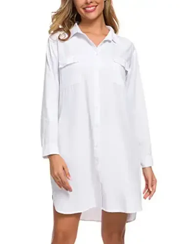 MANAIXUAN Women's Shirt Dress V Neck Long Sleeve Loose Casual with Pockets Front Button - 4
