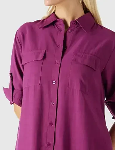 MANAIXUAN Women's Shirt Dress V Neck Long Sleeve Loose Casual with Pockets Front Button - 3