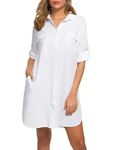 MANAIXUAN Women's Shirt Dress V Neck Long Sleeve Loose Casual with Pockets Front Button - 3