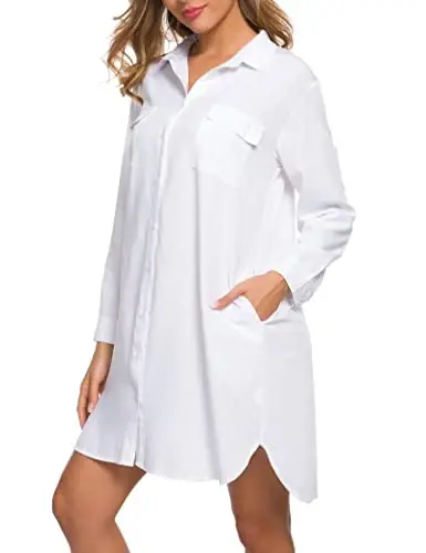 MANAIXUAN Women's Shirt Dress V Neck Long Sleeve Loose Casual with Pockets Front Button 