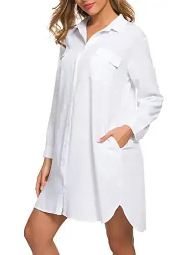 MANAIXUAN Women's Shirt Dress V Neck Long Sleeve Loose Casual with Pockets Front Button - MODAZONE