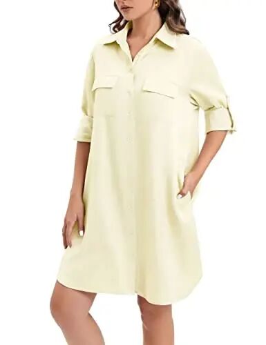 MANAIXUAN Women's Shirt Dress V Neck Long Sleeve Loose Casual with Pockets Front Button - 3